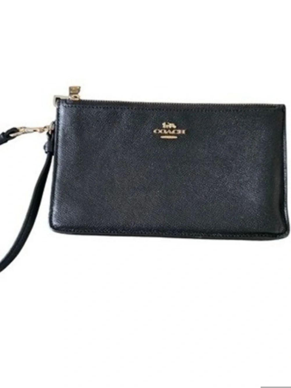 Coach Womens Black Crossgrain Leather Double Zip Wristlet Clutch Gold Hardware